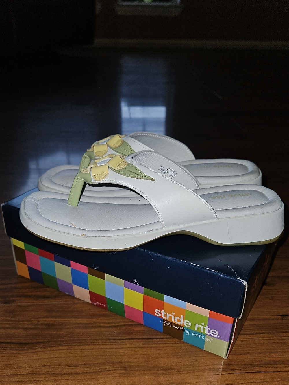 Stride Rite White Leather Sandal with Yellow and Light Green Flower Accents - Picture 9 of 12